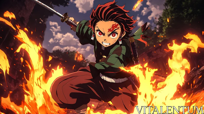 Dynamic anime swordsman lunges through engulfing battlefield flames