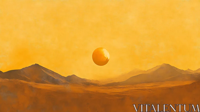 Spherical celestial body hangs over layered orange terrain