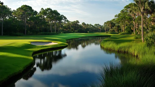 Lush riverside golf fairway basks in calm early light