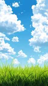 Vibrant grassland under deep blue sky with cumulus formations