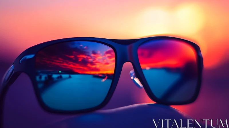 Sunglasses closeup with reflected coastal sunset horizon.