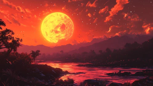 Molten moonrise over crimson jungle river at dusk.