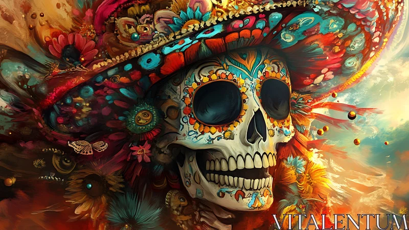 Vibrant sugar skull in ornate sombrero celebrates life and death.