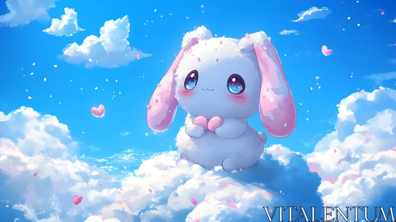 White cartoon bunny figure seated on soft cloud landscape.