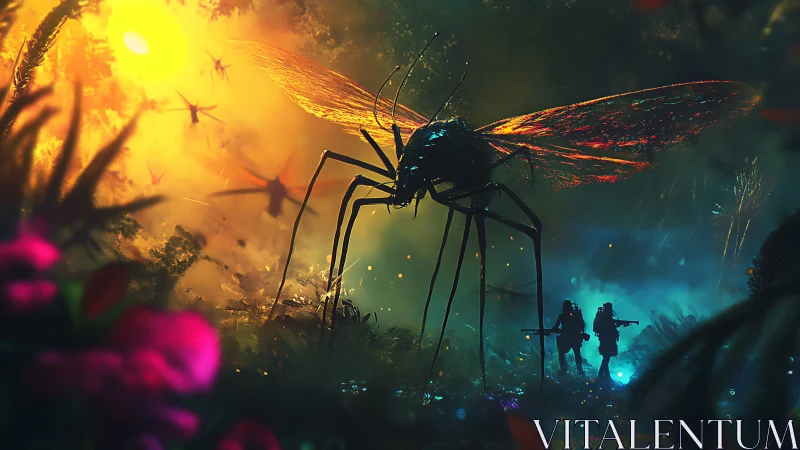 Giant glowing insect towers over armed soldiers in neon jungle