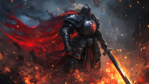 Armored crusader in dynamic backlit inferno with reflective steel