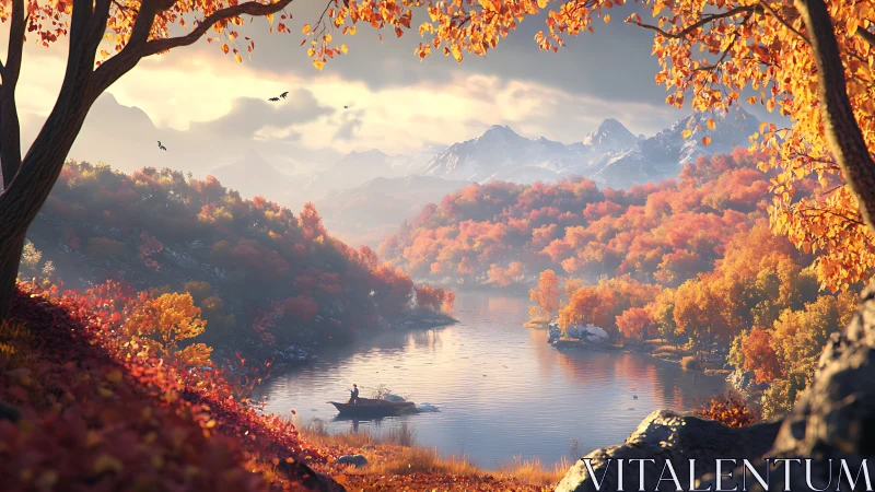 Rendered river valley shows boaters amid autumn foliage