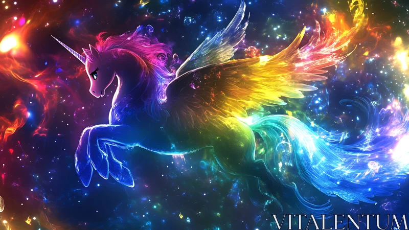Radiant cosmic pegasus unicorn soars through neon starlight