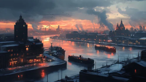 Industrial river cityscape is depicted at winter sunrise