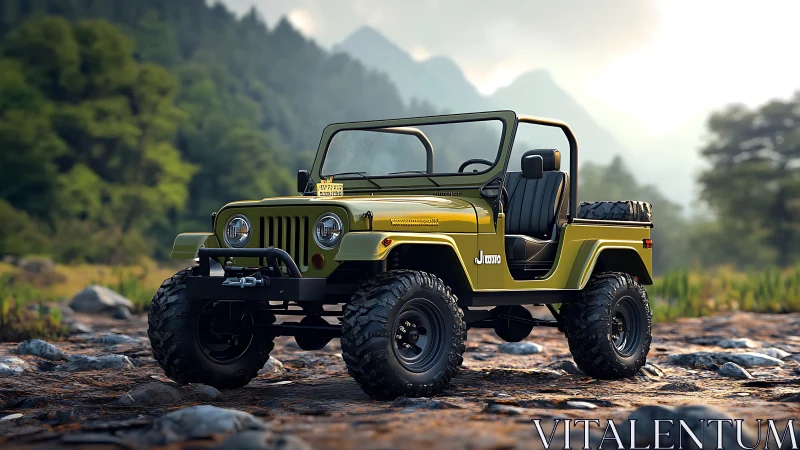 Sunlit trail jeep poised for wild mountain escapes.