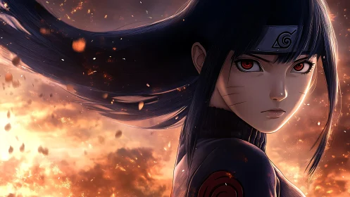 Flames curl behind the kunoichi as her crimson gaze hardens