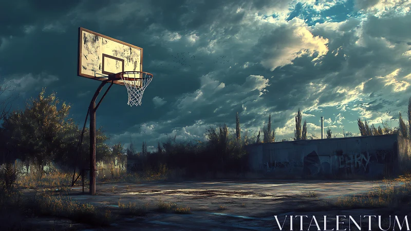 Digital painting of derelict outdoor court under stormlit sky.