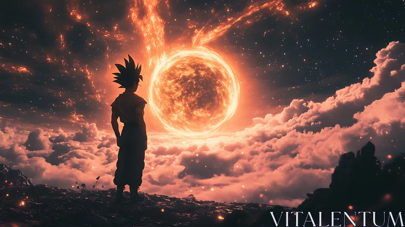 Celestial energy sphere illuminates silhouetted warrior figure