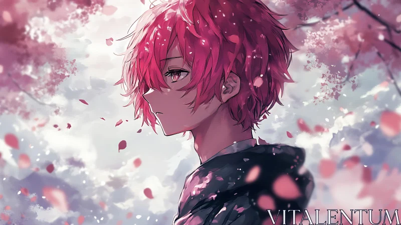 Melancholic side-profile anime boy amid drifting sakura petals
