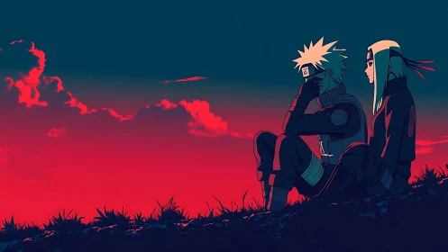 Anime warriors rest beneath a vivid red evening sky.