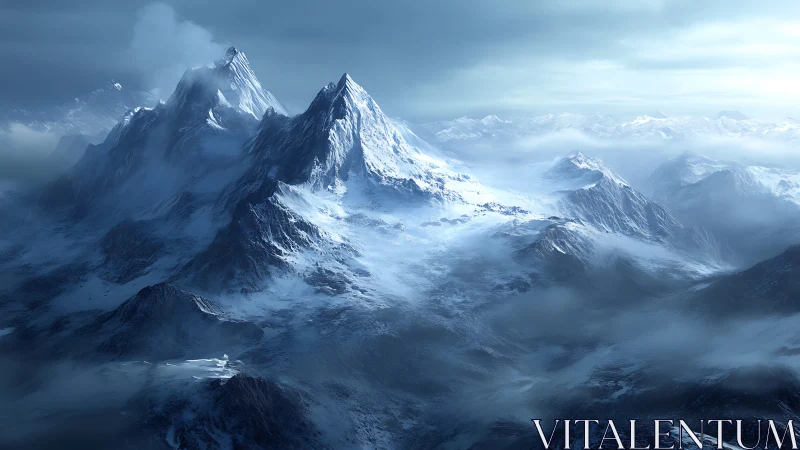 Frozen mountain range rises through swirling winter fog