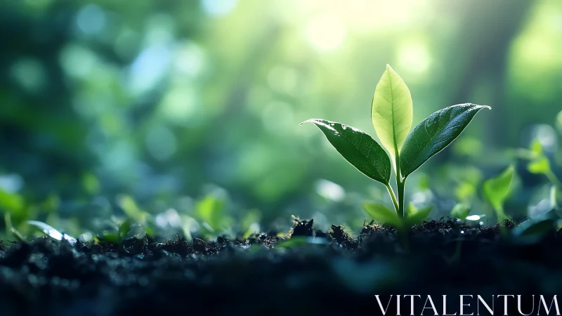 Young green seedling emerging from soil in soft daylight.