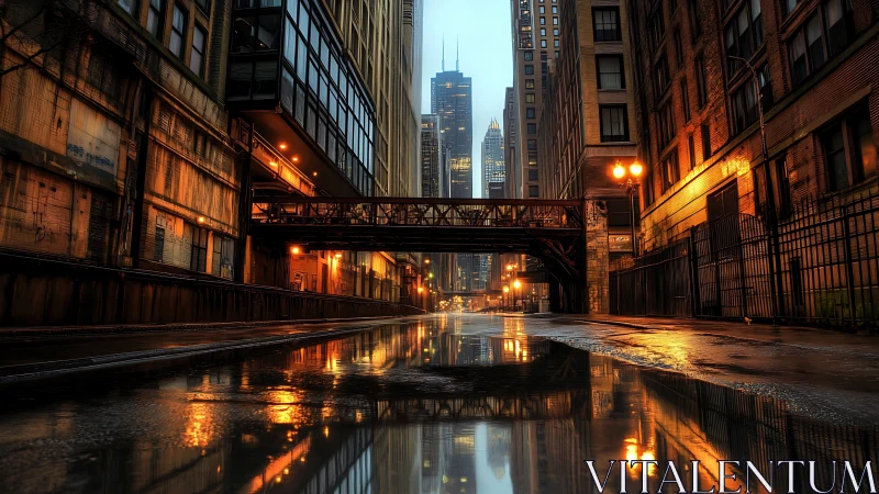 Rainwashed alleyway mirrors a neon-kissed steel skyline.