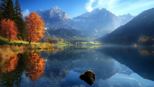 High-dynamic autumn alpine lake with mirror-symmetry reflections
