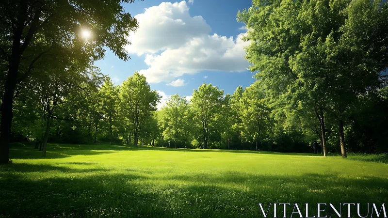 Sunlit meadow hush under bright, slow-drifting clouds.