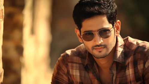Relaxed young man in sunglasses enjoying warm sunlight.