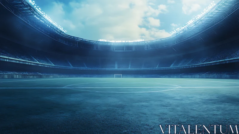 Halo of floodlights over a misty blue modern football coliseum.
