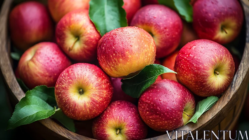 Fresh orchard jewels lounge in a rain-kissed wooden basket