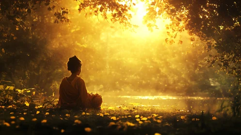 Golden forest meditation by a quiet riverside glow.