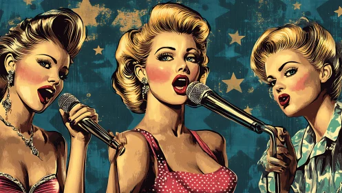 Retro pop-art triptych of stylized vintage vocalists performing.