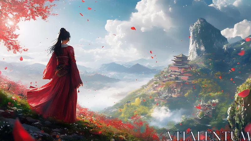 Warrior in red surveys misty mountain temple landscape