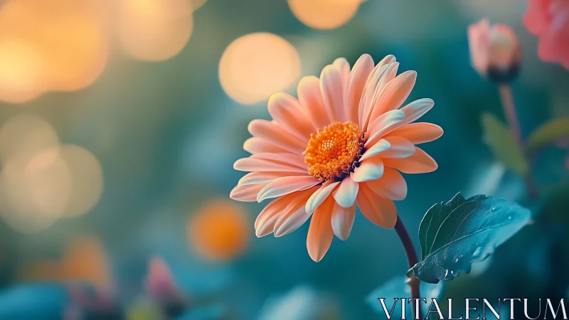 Orange Gerbera Daisy with Water Droplets and Blurred Background
