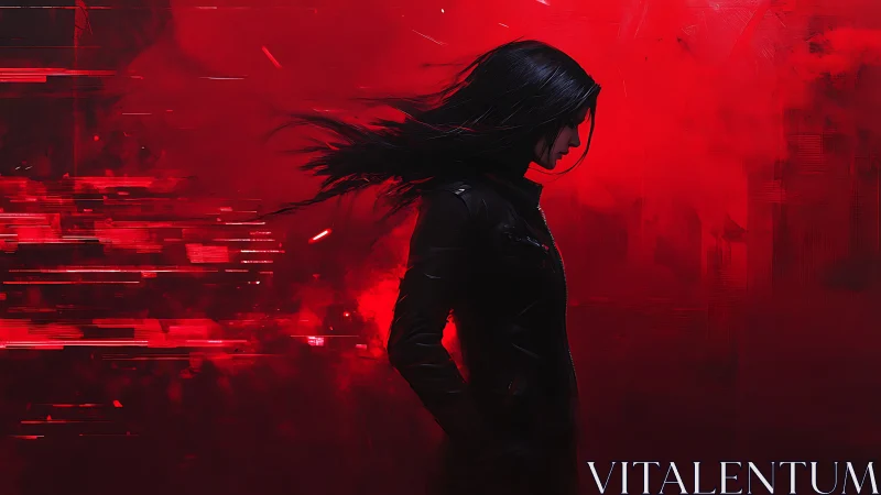 Solitary cyberpunk wanderer bathed in glowing red light.