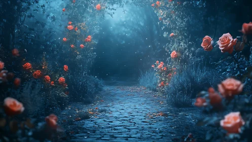 Moonlit rose path winding through an enchanted forest garden.