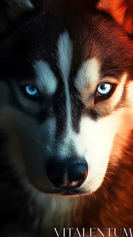 Husky eyes burn through cool blue and ember orange light.