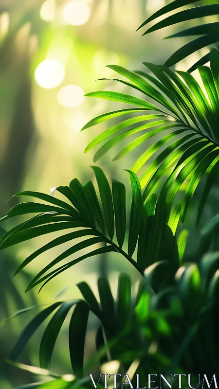 Palm leaves overlap in sharp focus against blurred light