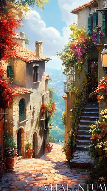 Sunny hillside alley with flowers and stone houses.