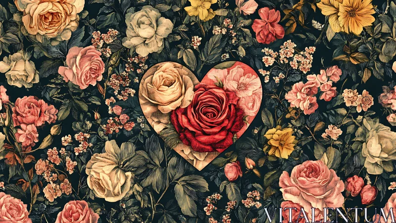 Red rose heart surrounded by vintage floral botanical pattern background