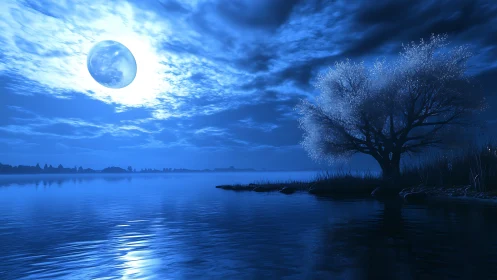 Silver moon over quiet lake and shimmering blossom tree.
