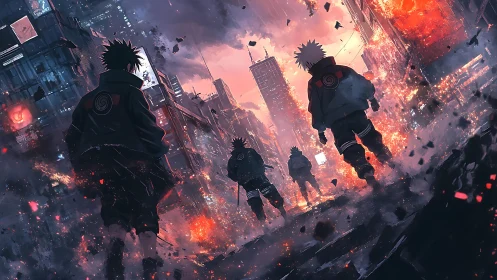 Four cloaked figures walk through burning futuristic city streets
