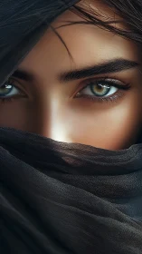 Veiled emerald gaze beneath flowing dark silk fabric.