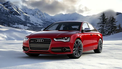 Red Audi sedan on snowy alpine road in winter light.
