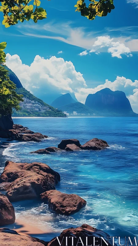 Tropical Coastal Vista with Volcanic Islands and Rocky Shoreline