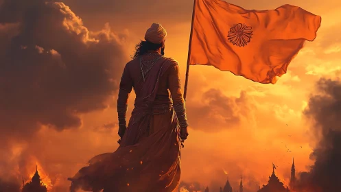 Warrior silhouette raises saffron flag against incendiary sunset