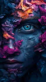 Iridescent petals crown a midnight gaze in electric bloom