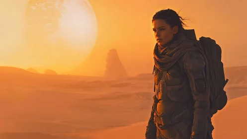 Lone desert explorer walks boldly under a vast alien sun