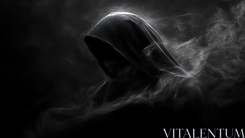 Hooded wraith silhouette in dramatic low key photorealism.