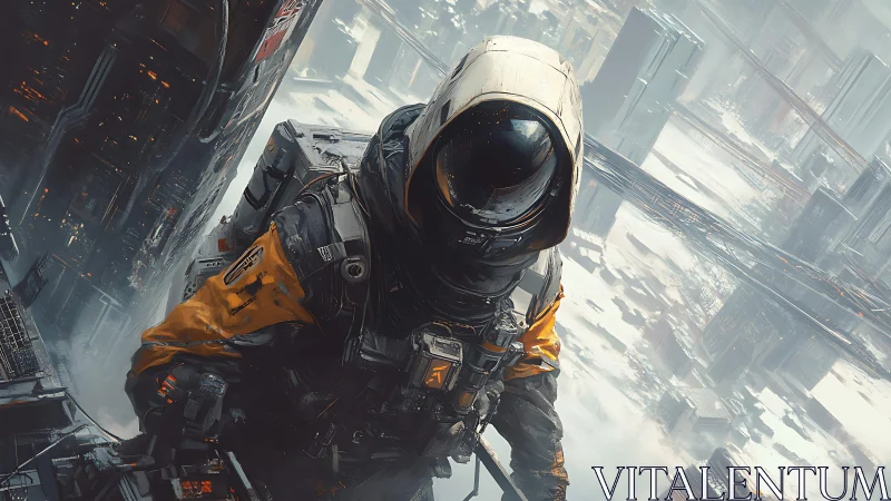 Solitary space engineer surveys a sprawling orbital cityscape