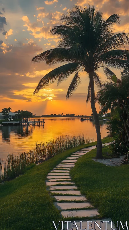 Sunlit palm-lined path curves beside a tranquil golden bay