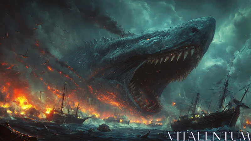 Abyssal leviathan ignites a burning armada at dusk.