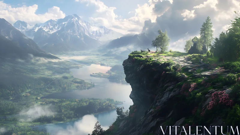 Mountain lake valley spreads below sunlit cliff viewpoint